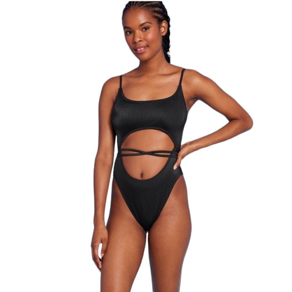 NWOT Wild Fable Wrap Cut Out Extra Cheeky One Piece Swimsuit black size medium